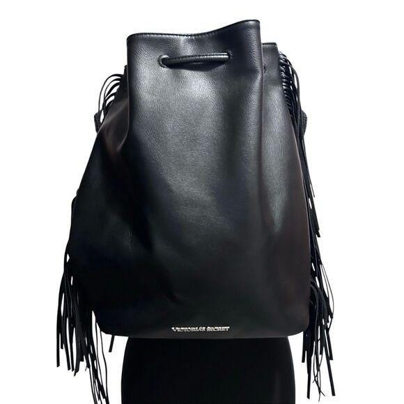 Victoria’s Secret Black Drawstring Fringed Backback Tote Faux Leather NWOT - Picture 1 of 11